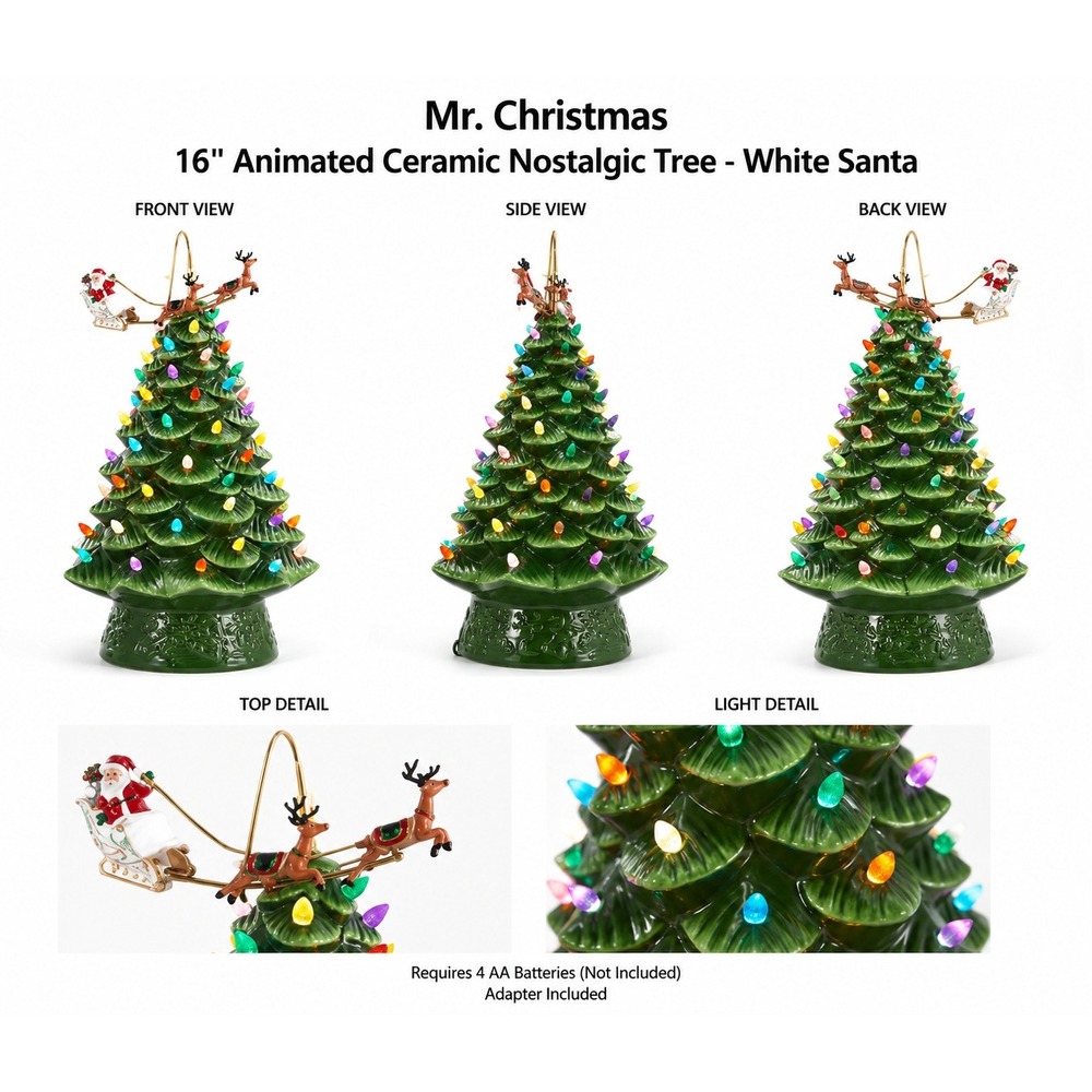 Mr Christmas 16" Animated Ceramic Nostalgic Tree White Santa Sleigh Green LED